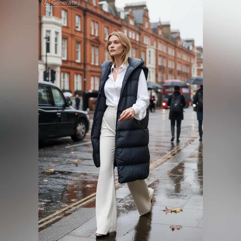 Peserico Long Hooded Puffer Vest Goose Down Feather Quilted Jeweled Trim Italy - Picture 2 of 16